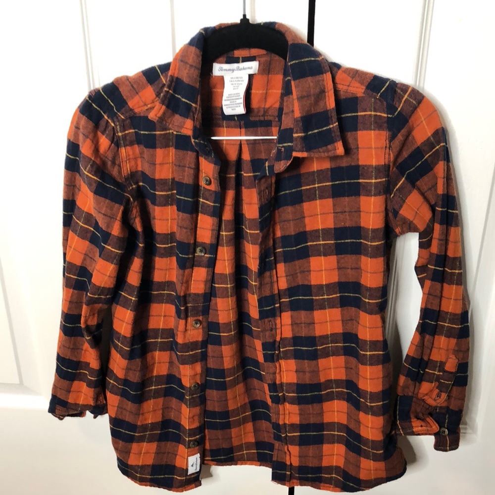 Tommy Bahama Orange and Navy Blue Plaid Kids Shirt, Size L (10/12)